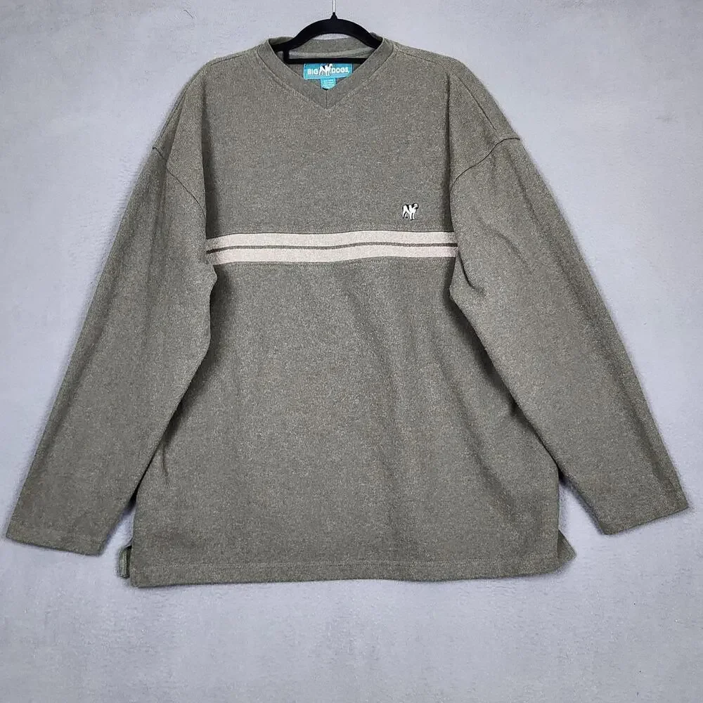 Big Dogs Sweater Mens 2XL Green Stripe V Neck Dog Logo Knit Pullover Casual